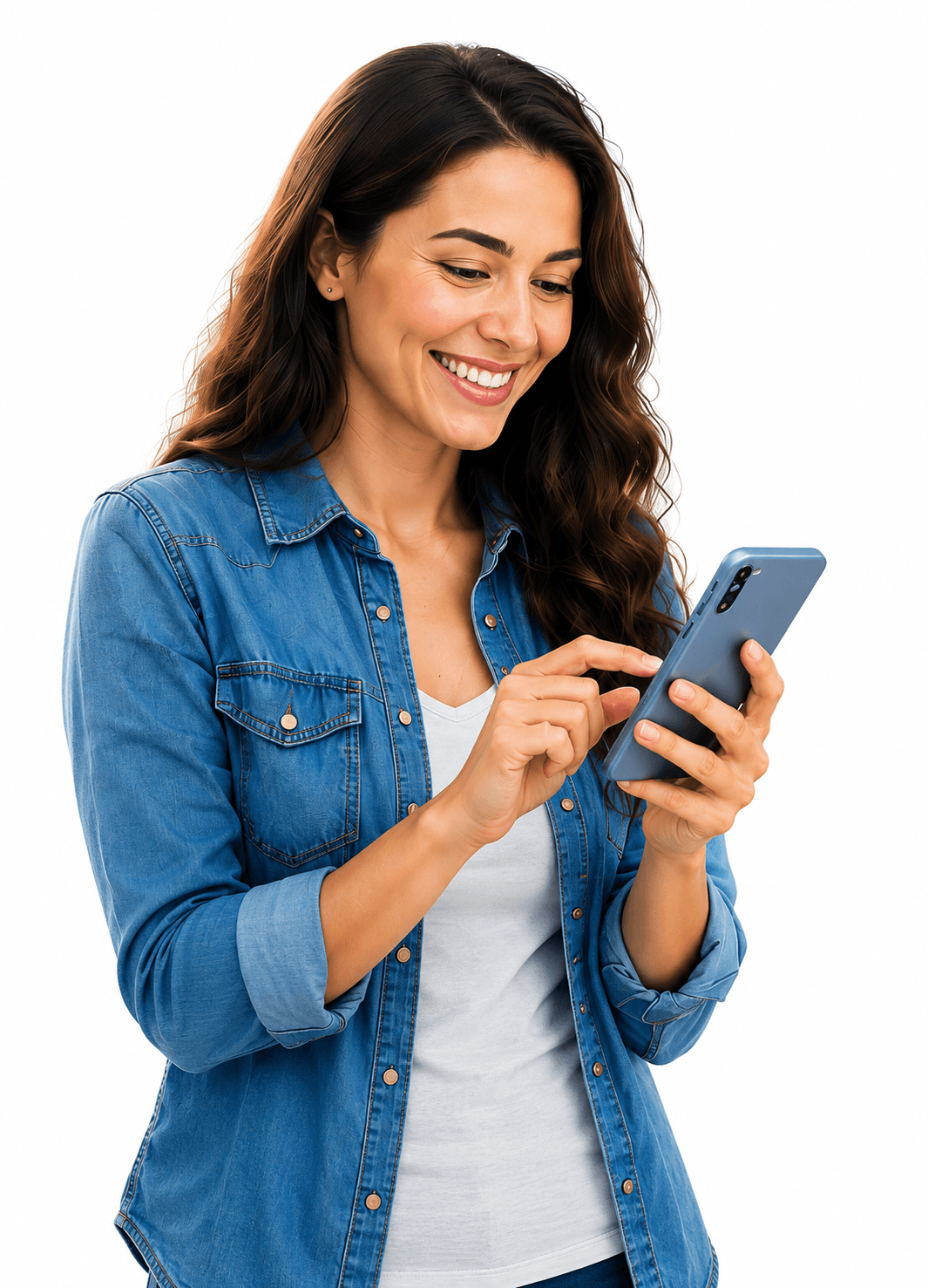 Cliente sorrindo enquanto usa o app do Serviços Pro no celular.